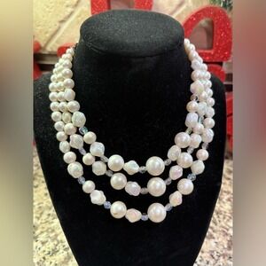 Vintage Western Germany Triple Strand Faux Pearl & Iridescent Bead Necklace